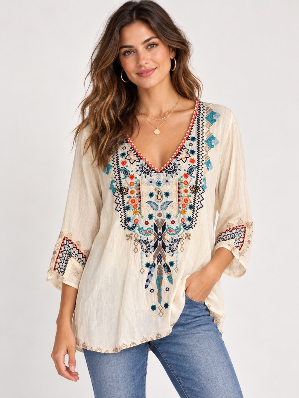 Johnny Was Embroidered Boho V-Neck Tunic Top Ivory Floral Geometric large